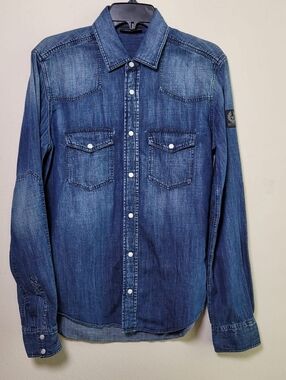 Belstaff Western Denim Shirt Blue Men S Logo Pearl Snap Cowboy Rodeo Preppy